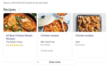 Screenshot of Google Featured Results of Recipes