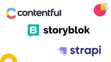 Illustration with types of Headless CMS: contentful, storyblok, strapi