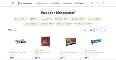 Screenshot of the Kaffekapslen product page with filters.