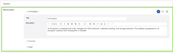 Screenshot form umbraco CMS: Content and Recent Project
