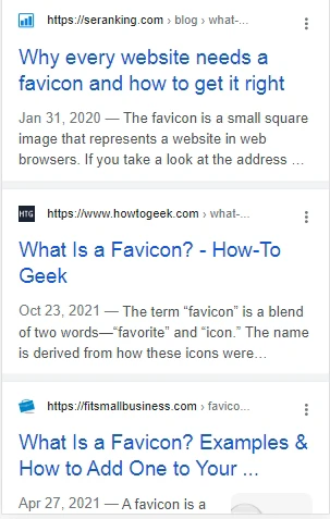 Screenshot of Google search about Favicon
