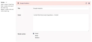 Screenshot from Umbraco CMS and Scripts field: Google Analytics