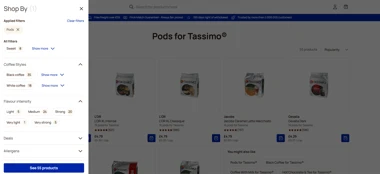 Screenshot of the Kaffek product page with filters