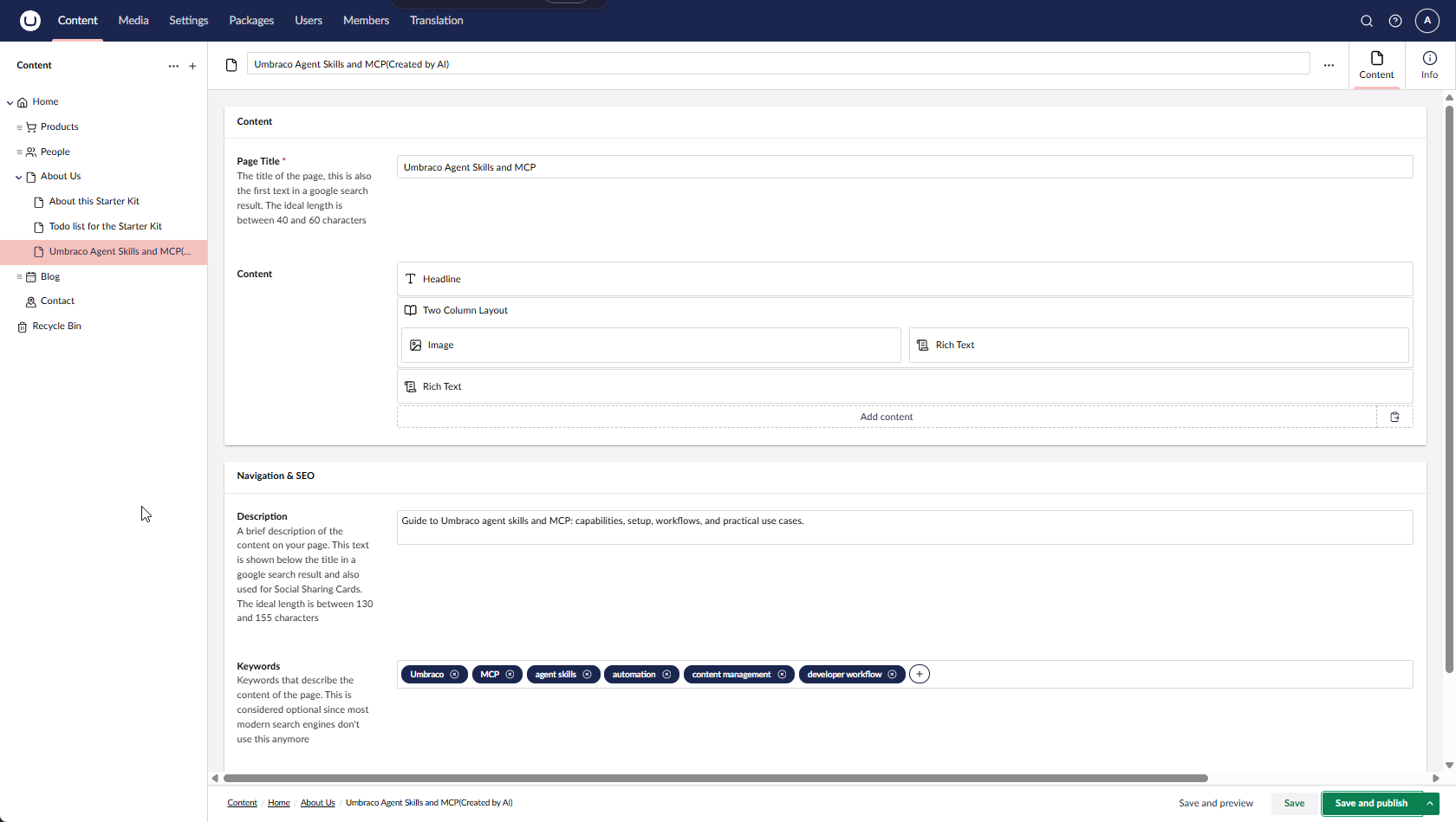 AI-generated test content created within an existing Umbraco content structure.